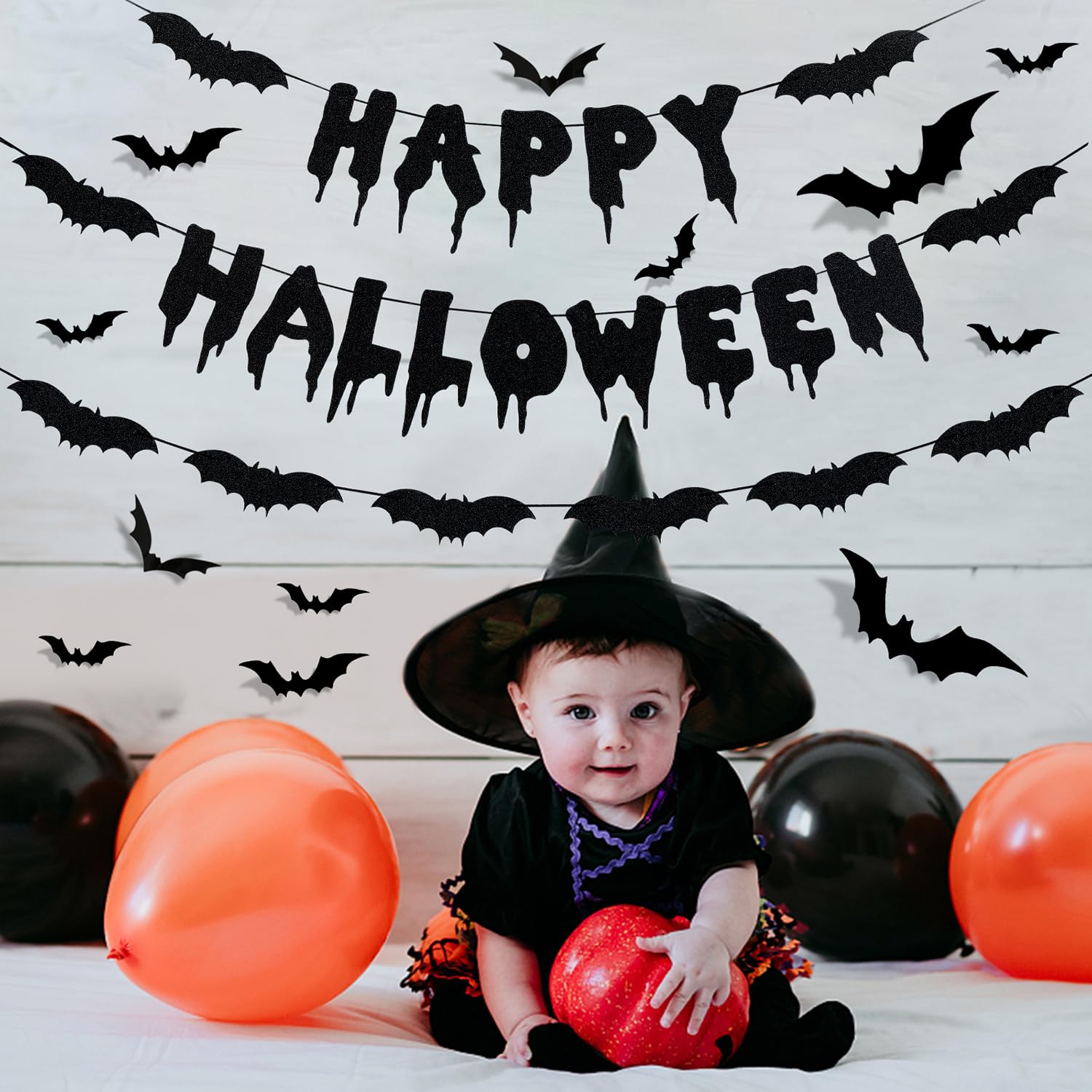 Black Glitter Happy Halloween Banner and Bat Halloween Garland Bat Wall Decals, Happy Halloween Party Decorations Halloween Party Banner for Haunted Houses Home Indoor Mantle Decor