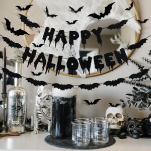 Black Glitter Happy Halloween Banner and Bat Halloween Garland Bat Wall Decals, Happy Halloween Party Decorations Halloween Party Banner for Haunted Houses Home Indoor Mantle Decor