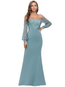 ever-pretty women's see-through sequin dress mermaid evening dress with sleeve blue us20