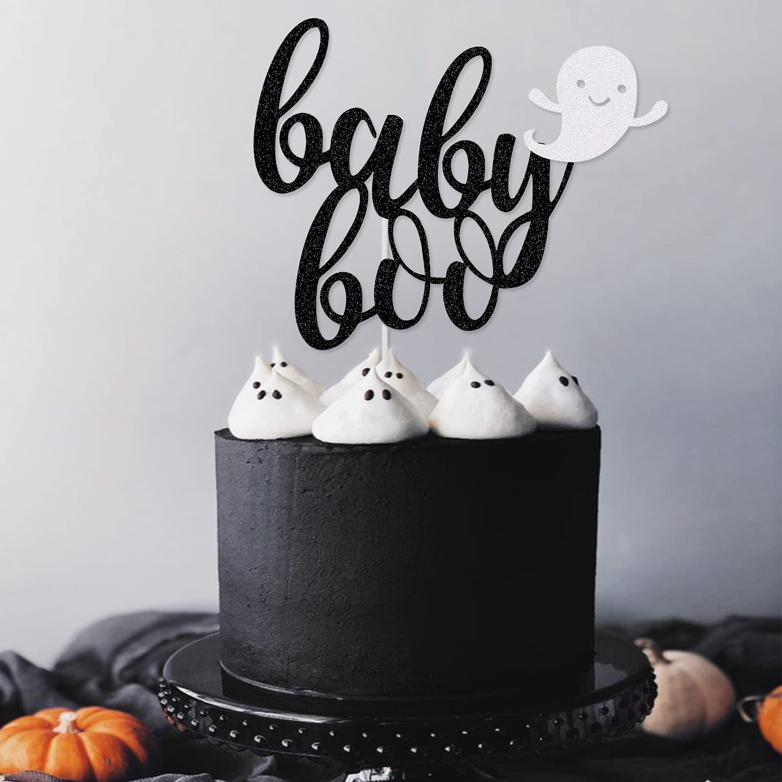 Baby Boo Cake Topper Black Glitter- Halloween Baby Shower Decorations,Here for the Boos Decorations,Halloween Baby Girl Shower Cake Toppers,Ghost Cake Topper,Halloween Party Decorations