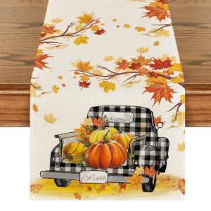 artoid mode maple leaves pumpkins buffalo plaid truck table runner, seasonal fall harvest vintage kitchen dining table decoration for indoor outdoor home party decor 13 x 72 inch