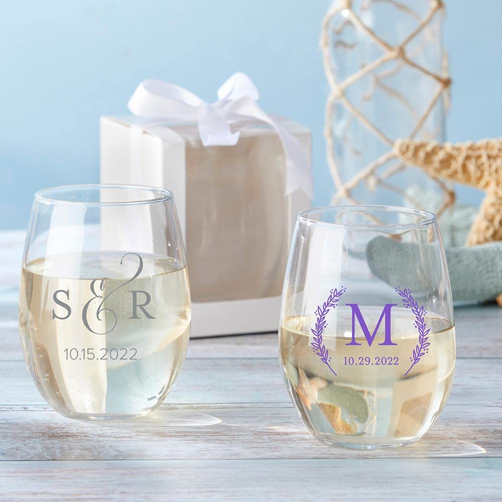 Kate Aspen 9 oz. Personalized Monogram Classic Stemless Wine Glass - 96pcs/Gold - Custom Wedding Favors and Bridal Shower Party Favors with Customized Designs Text Lines