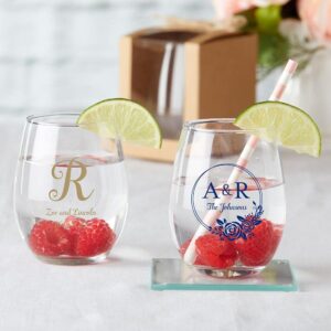 Kate Aspen 9 oz. Personalized Monogram Classic Stemless Wine Glass - 96pcs/Gold - Custom Wedding Favors and Bridal Shower Party Favors with Customized Designs Text Lines