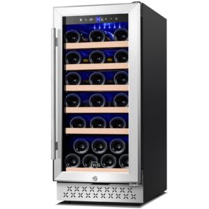 tylza 15 inch wine cooler under counter, 30 bottle capacity, stainless steel tempered glass door, constant temperature technology, removable shelves, smart control, 3.6 cubic feet