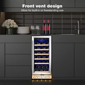 Tylza 15 Inch Wine Cooler Under Counter, 30 Bottle Capacity, Stainless Steel Tempered Glass Door, Constant Temperature Technology, Removable Shelves, Smart Control, 3.6 Cubic Feet