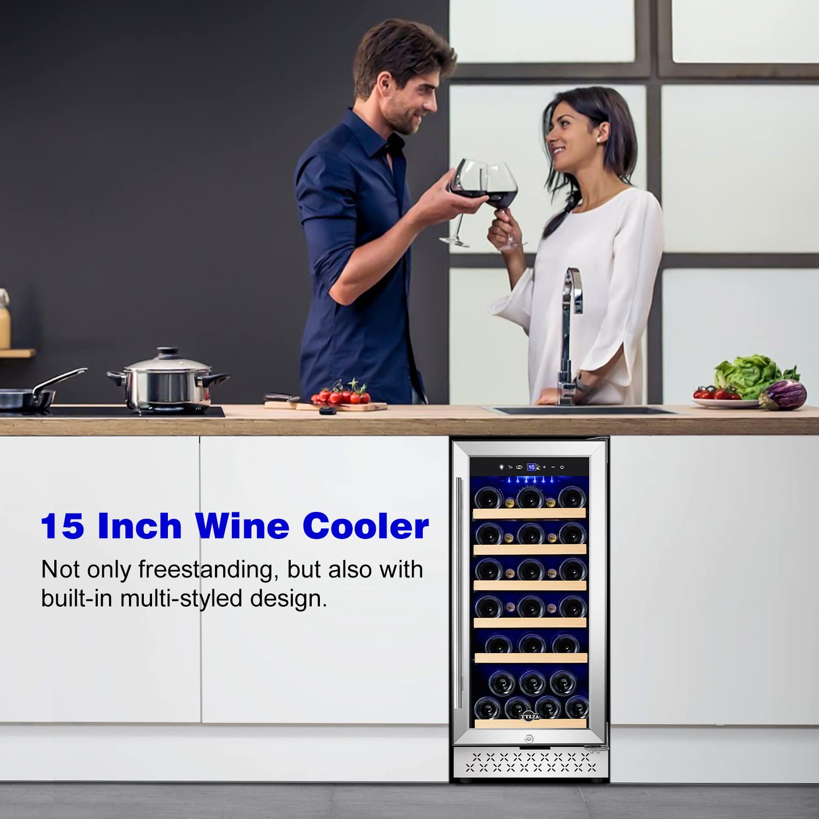 Tylza 15 Inch Wine Cooler Under Counter, 30 Bottle Capacity, Stainless Steel Tempered Glass Door, Constant Temperature Technology, Removable Shelves, Smart Control, 3.6 Cubic Feet