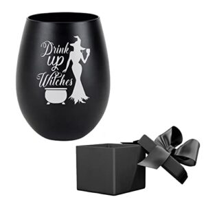 halloween wine glass, witch withy etched black stemless wine glass, goth gothic gifts