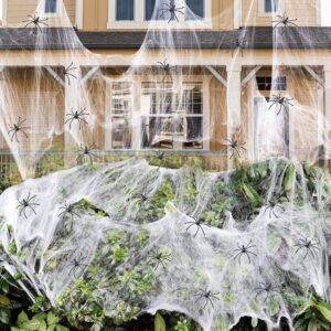pcavin 1000 sqft spider webs halloween decorations with 60 fake spiders, super stretch cobwebs for halloween decor indoor and outdoor, party supplies & bar haunted house