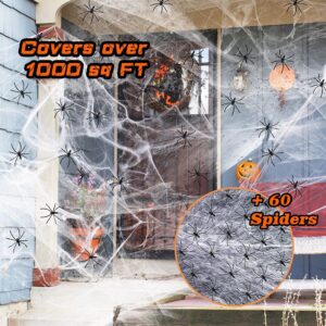 Pcavin 1000 sqft Spider Webs Halloween Decorations with 60 Fake Spiders, Super Stretch Cobwebs for Halloween Decor Indoor and Outdoor, Party Supplies & Bar Haunted House