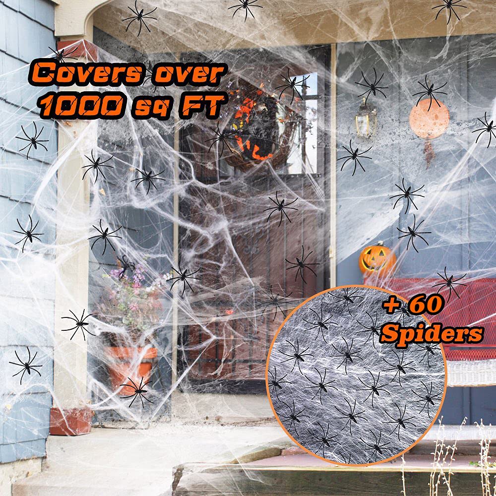 Pcavin 1000 sqft Spider Webs Halloween Decorations with 60 Fake Spiders, Super Stretch Cobwebs for Halloween Decor Indoor and Outdoor, Party Supplies & Bar Haunted House