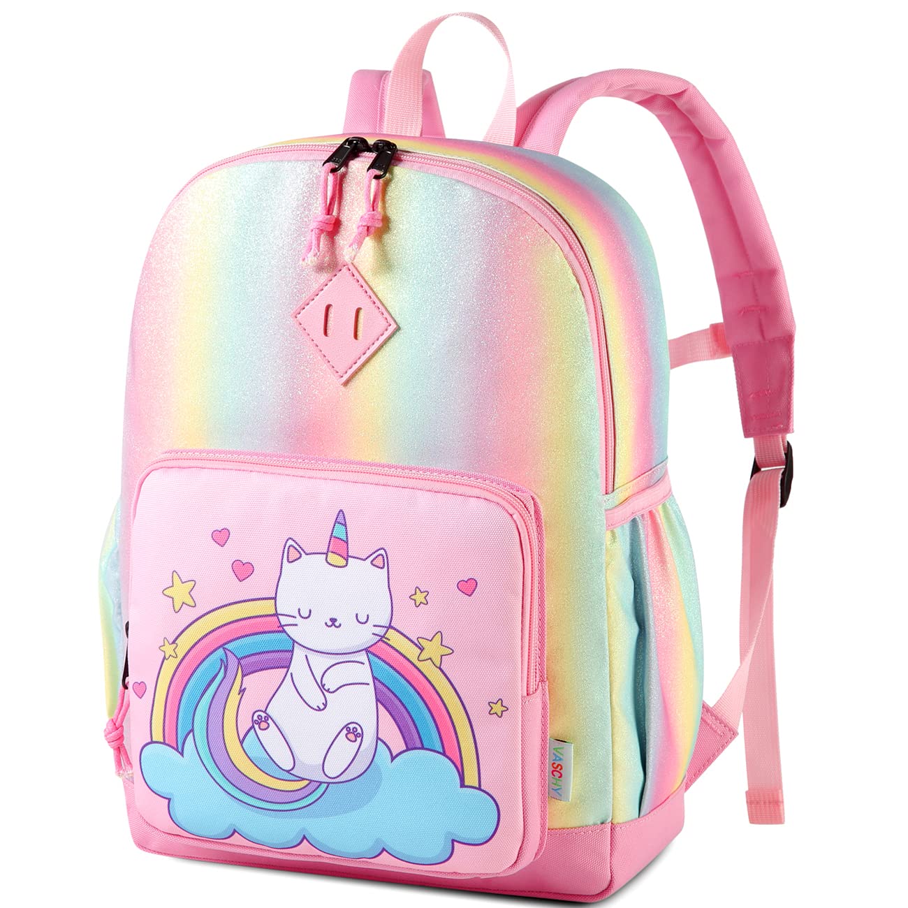 VASCHY Backpack for Little Girls, Cute Rainbow Glitter Lightweight Water Resistant Preschool Backpack Bookbag for Kids,Toddlers Kindergarten School Bag Cat