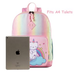 VASCHY Backpack for Little Girls, Cute Rainbow Glitter Lightweight Water Resistant Preschool Backpack Bookbag for Kids,Toddlers Kindergarten School Bag Cat