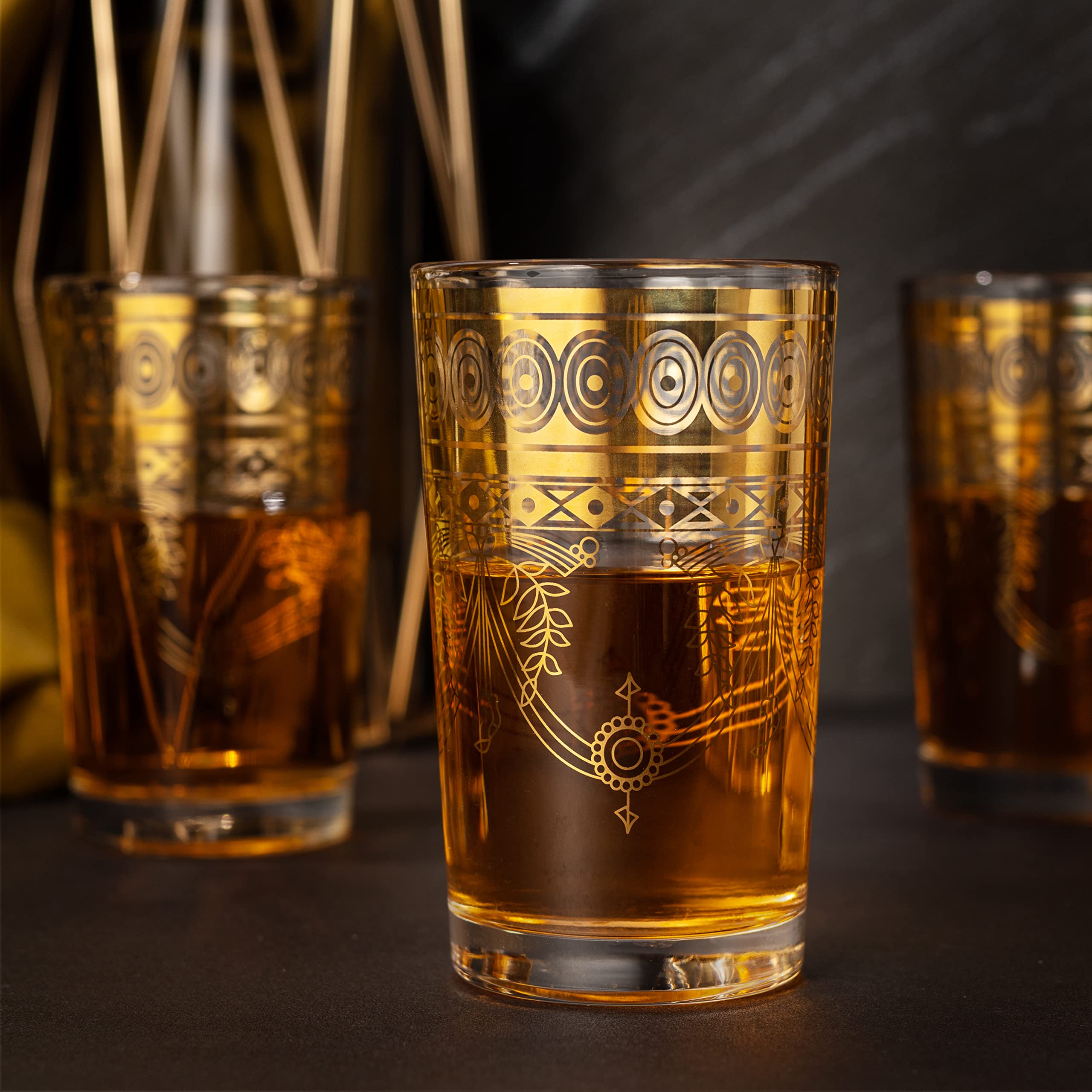 The Wine Savant Gold Moroccan Glasses Artisan Hand-Made Multipurpose 220 ml 7.5 oz Tea and Wine Morrocan Tumbler Marrakech & Casablanca Tea Cups Set of 6