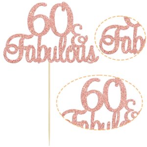 Gyufise Rose Gold Glittery 60 & Fabulous Birthday Cake Topper for 60th Birthday Party Decorations 60 Birthday Cake Decorations Supplies 1 Pack