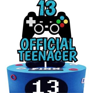 13th official teenager cake topper decorations - birthday theme picks cheers to 13 years old game party decoration handmade black gold red blue glitter- liangss