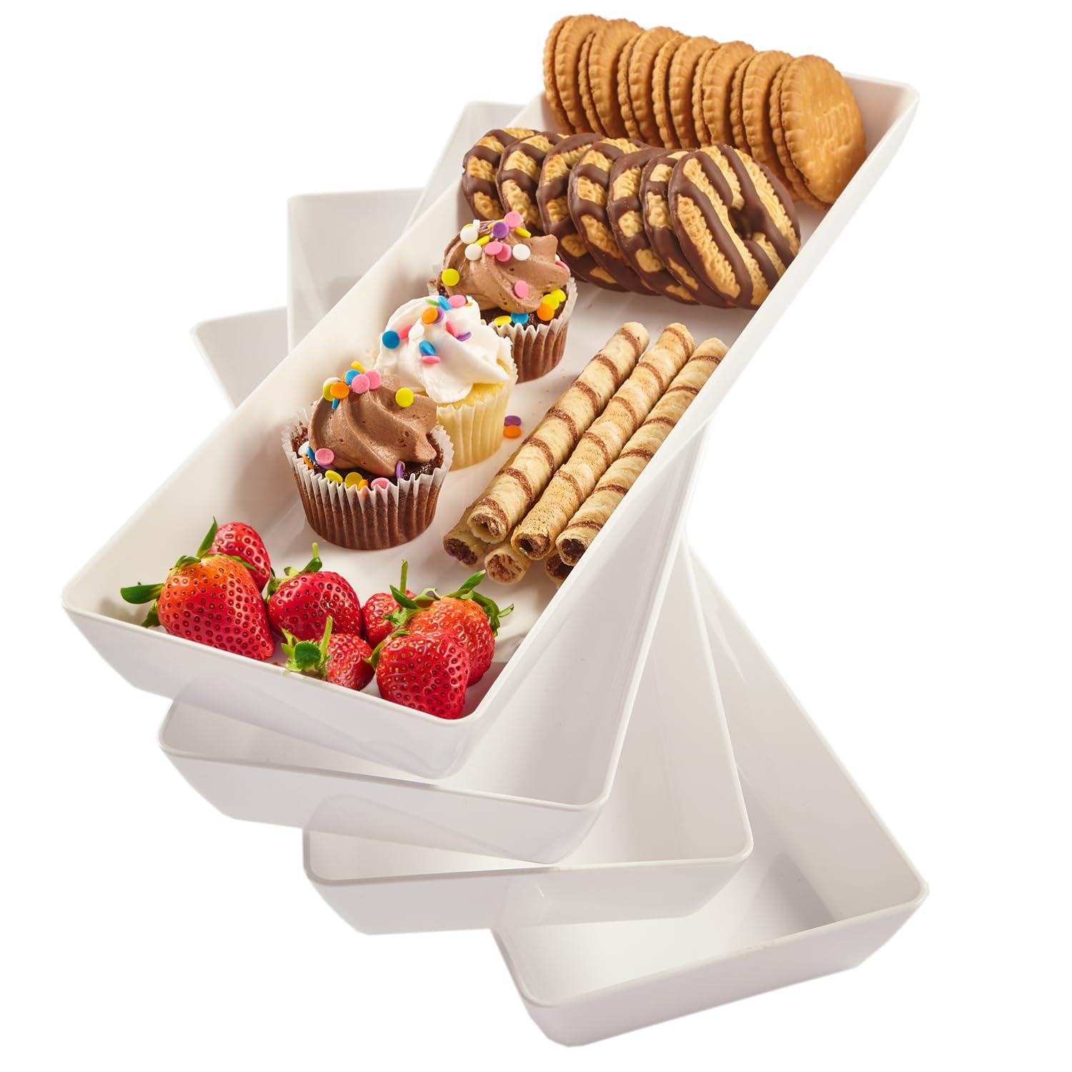 US Acrylic Avant White Plastic Serving Trays (Set of 4) 15” x 5” | Narrow Reusable Rectangular Party Platters | Serve Appetizers, Fruit, Veggies, & Desserts | BPA-Free & Made in USA