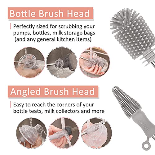 haakaa Cleaning Brush Silicone Bottle Brush Double-Ended Soft Silicone Bristles for Breast Pumps, Breast Milk Collectors, Baby Bottles, Teats, Breastmilk Storage Bags, Detachable - Grey, 1pk