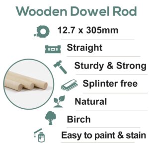 1/2 x 12 Inch, Wooden Dowel Rods, Unfinished Wood Round Sticks for Arts Crafts and DIY Projects, 10 pcs.