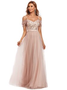 ever-pretty womens maxi short sleeves straps v neck a-line tulle bridesmaid dress rose gold us14