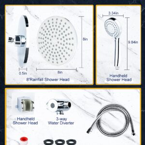 High Pressure 8" Rainfall Shower Head and Handheld Shower Heads Combo, with 60" hose, Punch-free, Dual Powerful Shower Spray Detachable with Holder, Chrome, Regulator fit for High, Low Water Flow