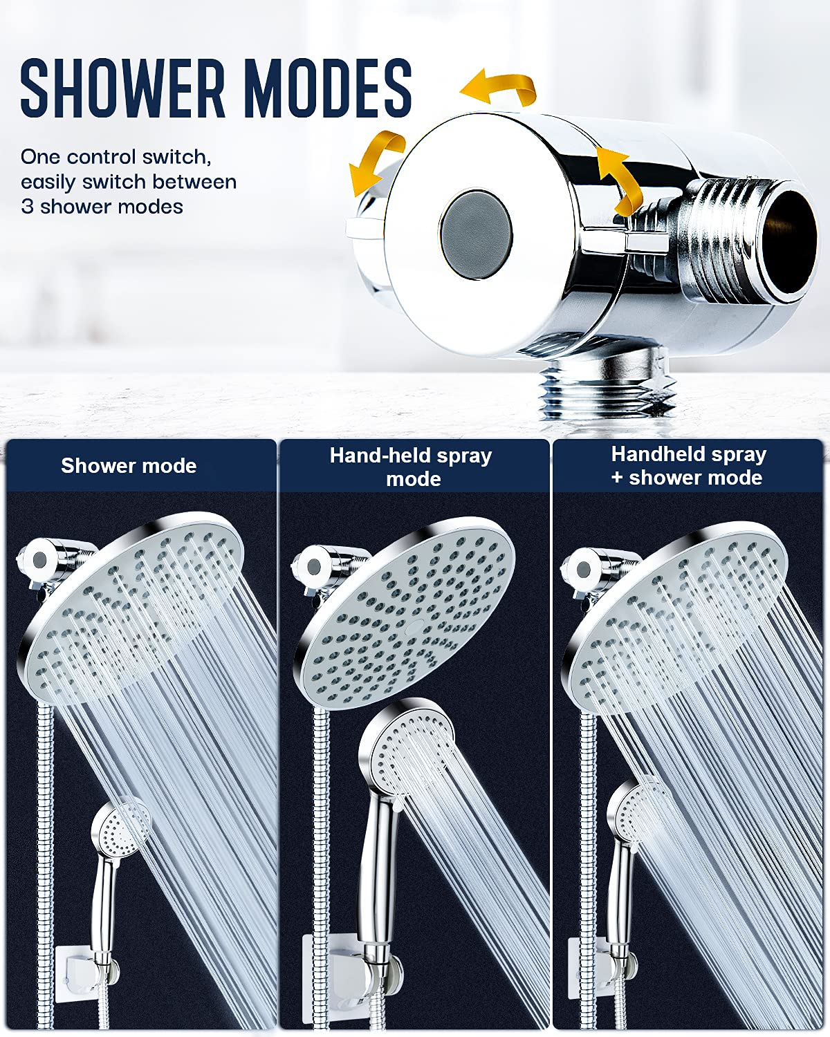 High Pressure 8" Rainfall Shower Head and Handheld Shower Heads Combo, with 60" hose, Punch-free, Dual Powerful Shower Spray Detachable with Holder, Chrome, Regulator fit for High, Low Water Flow