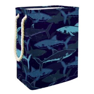 laundry basket with handles waterproof collapsible laundry hamper for storage bins kids room home organizer navy blue sharks ocean sea, 19.3x11.8x15.9 in