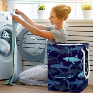 Laundry Basket With Handles Waterproof Collapsible Laundry Hamper For Storage Bins Kids Room Home Organizer Navy Blue Sharks Ocean Sea, 19.3x11.8x15.9 In