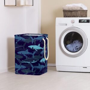 Laundry Basket With Handles Waterproof Collapsible Laundry Hamper For Storage Bins Kids Room Home Organizer Navy Blue Sharks Ocean Sea, 19.3x11.8x15.9 In