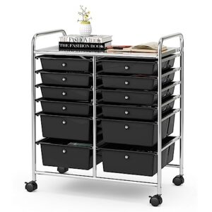 giantex 12-drawer rolling storage cart, multipurpose movable organizer cart, utility cart for home, office, school (black)