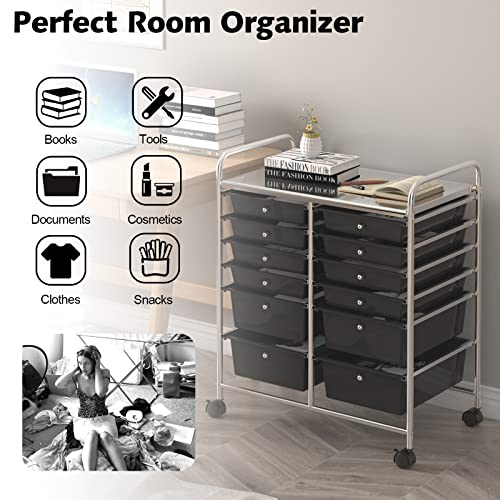 Giantex 12-Drawer Rolling Storage Cart, Multipurpose Movable Organizer Cart, Utility Cart for Home, Office, School (Black)