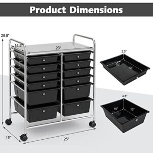 Giantex 12-Drawer Rolling Storage Cart, Multipurpose Movable Organizer Cart, Utility Cart for Home, Office, School (Black)