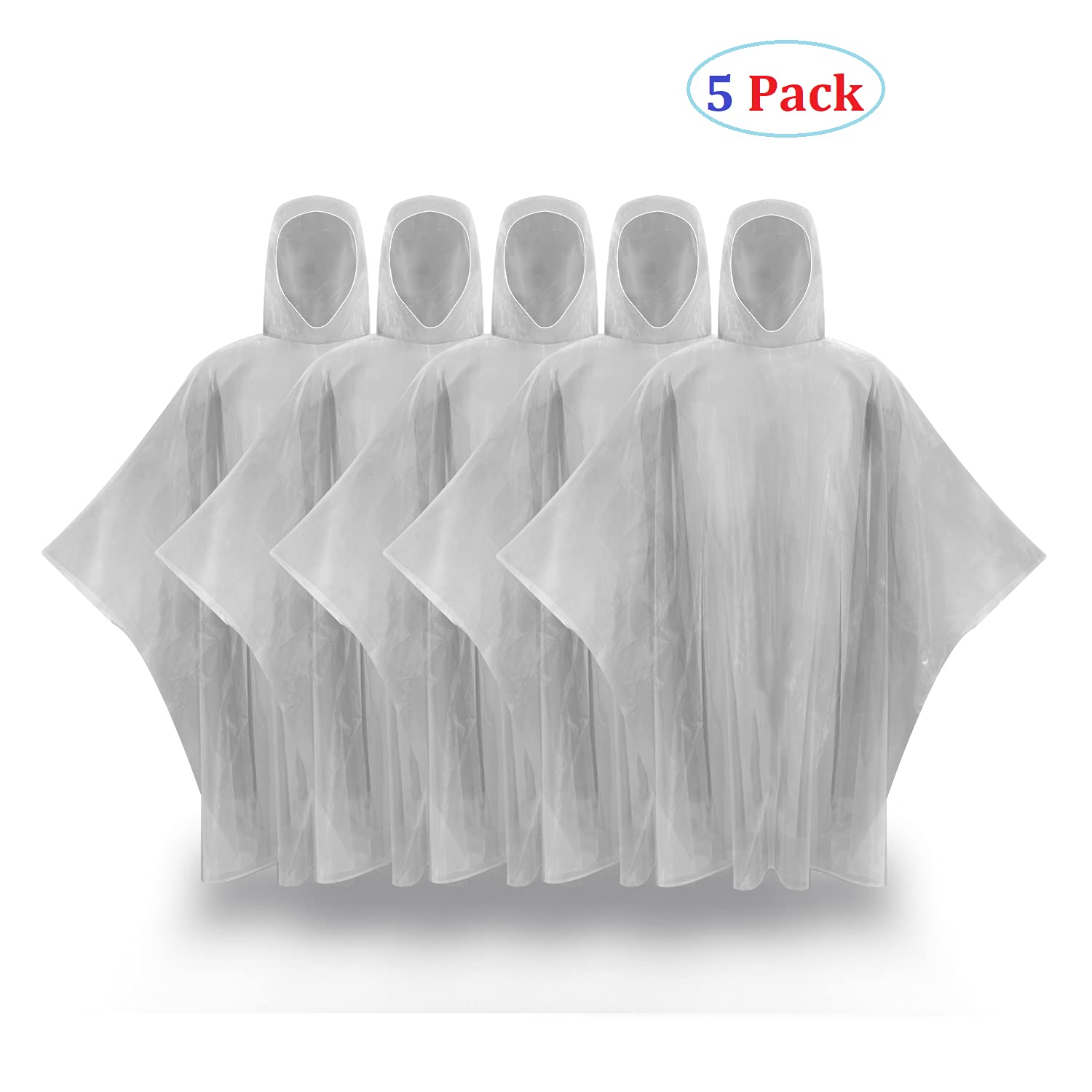 SAIWEYNEE 5 Pack Disposable Rain Ponchos For Adults-Transparent Waterproof Rain Ponchos (Clear Transparent)