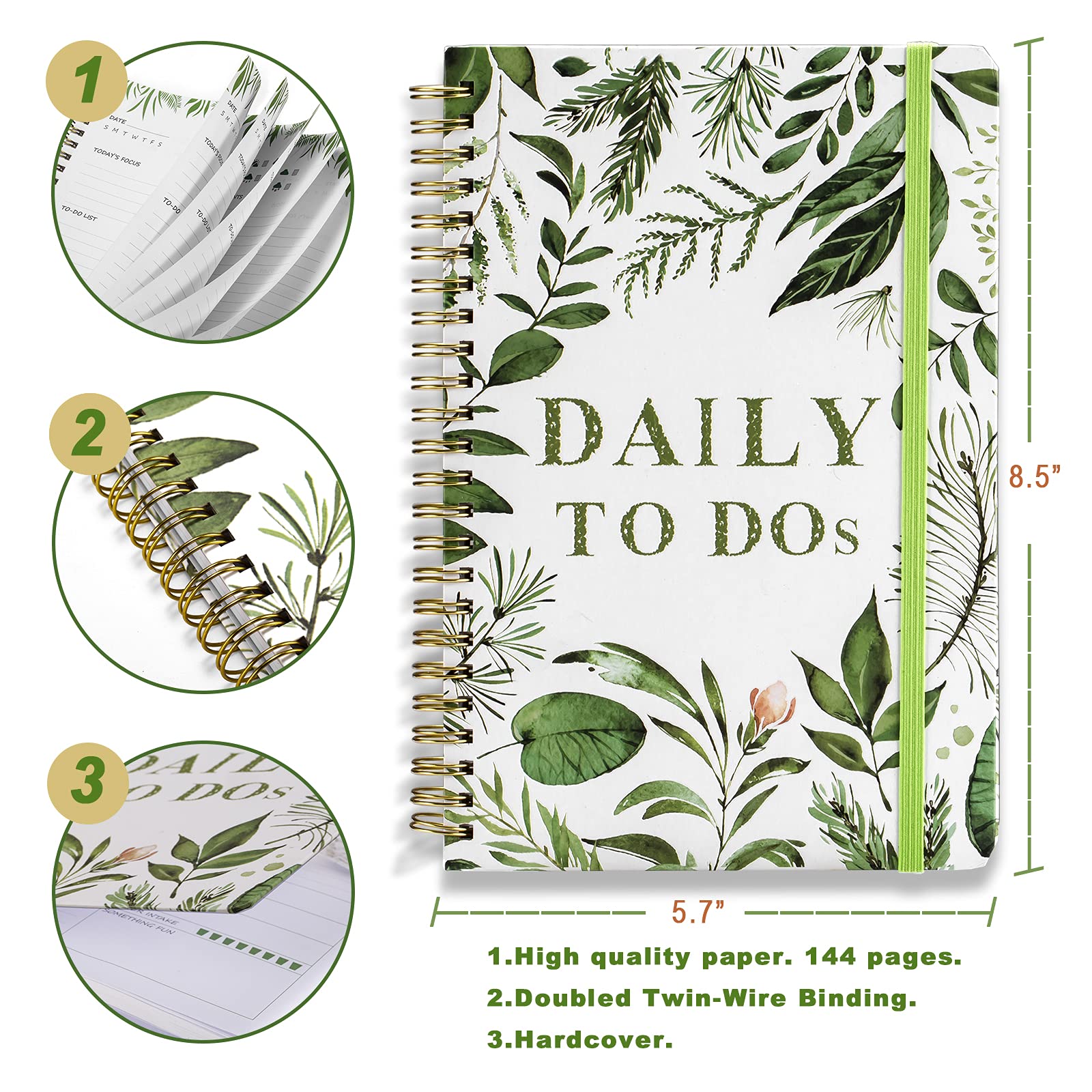 UtyTrees Daily Planner Undated: 5.7"x8.5" Daily To Do List Notebook, Efficient Life Planner, Daily Journal with Inner Pocket, Meals Planner, Office Organization Notebooks for Women, Green