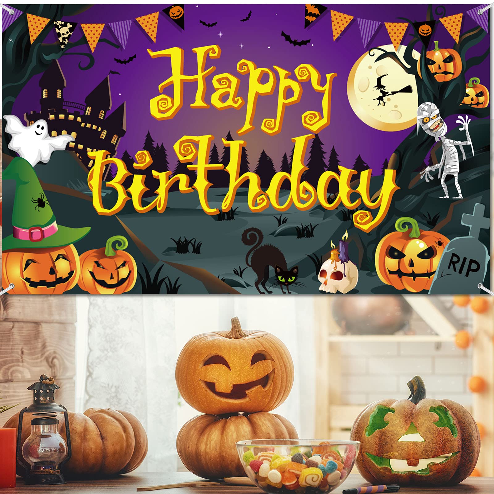 Happy Birthday Halloween Backdrop Halloween Birthday Party Background Pumpkin Ghost Spooky Castle Photography Background Halloween Party Photo Booth Banner Large Birthday Backdrops Decor, 6 x 3.6 ft