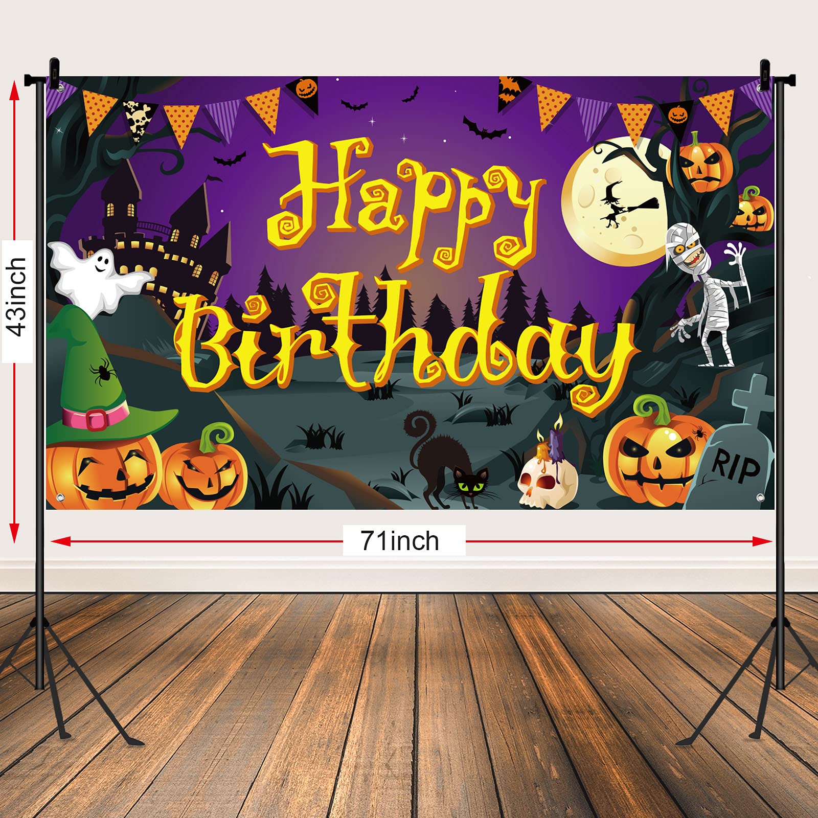 Happy Birthday Halloween Backdrop Halloween Birthday Party Background Pumpkin Ghost Spooky Castle Photography Background Halloween Party Photo Booth Banner Large Birthday Backdrops Decor, 6 x 3.6 ft