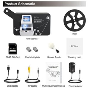 8mm & Super 8 Film to Digital Converter, Film Scanner Digitizer with 2.4" Screen, Convert 3” 5” 7” 9” Reels into 1080P Digital MP4 Files,Sharing & Saving on 32GB SD Card