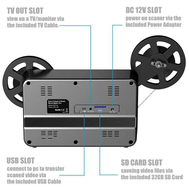 8mm & Super 8 Film to Digital Converter, Film Scanner Digitizer with 2.4" Screen, Convert 3” 5” 7” 9” Reels into 1080P Digital MP4 Files,Sharing & Saving on 32GB SD Card