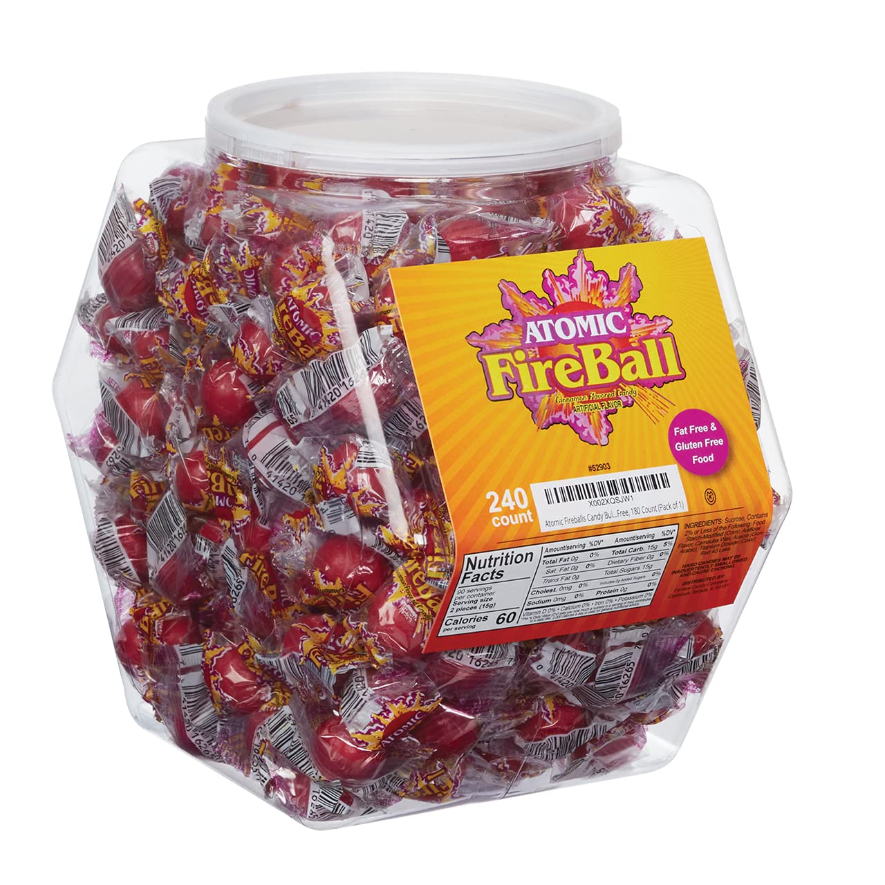 Atomic Fireballs Candy Bulk Tub, 240 Pieces - Cinnamon Flavored Jawbreakers Individually Wrapped Candies in Reusable Container, Fat Free & Gluten Free