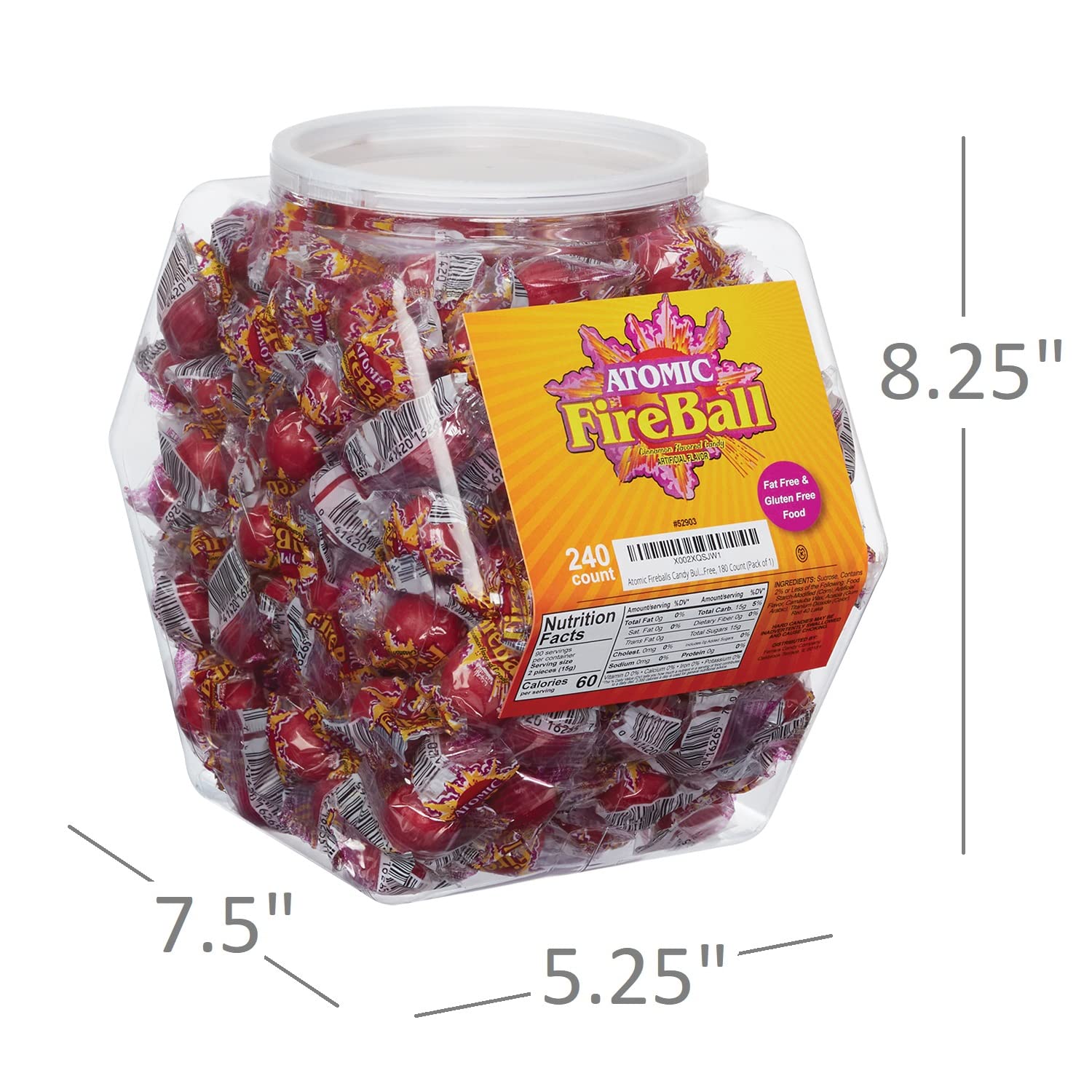 Atomic Fireballs Candy Bulk Tub, 240 Pieces - Cinnamon Flavored Jawbreakers Individually Wrapped Candies in Reusable Container, Fat Free & Gluten Free