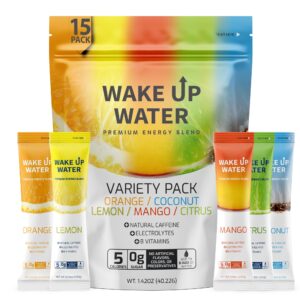 wake up water energy + hydration mix – variety pack – energy + hydration powder packets with natural caffeine, electrolytes, b vitamins | no sugar | daily fuel with no crash or jitters | (variety pack/15 count)