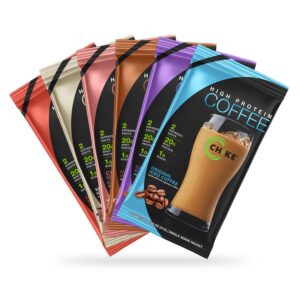 chike high protein iced coffee sampler pack, 20 g protein, 2 shots espresso, 1 g sugar, keto friendly and gluten free, 6 single serve packets