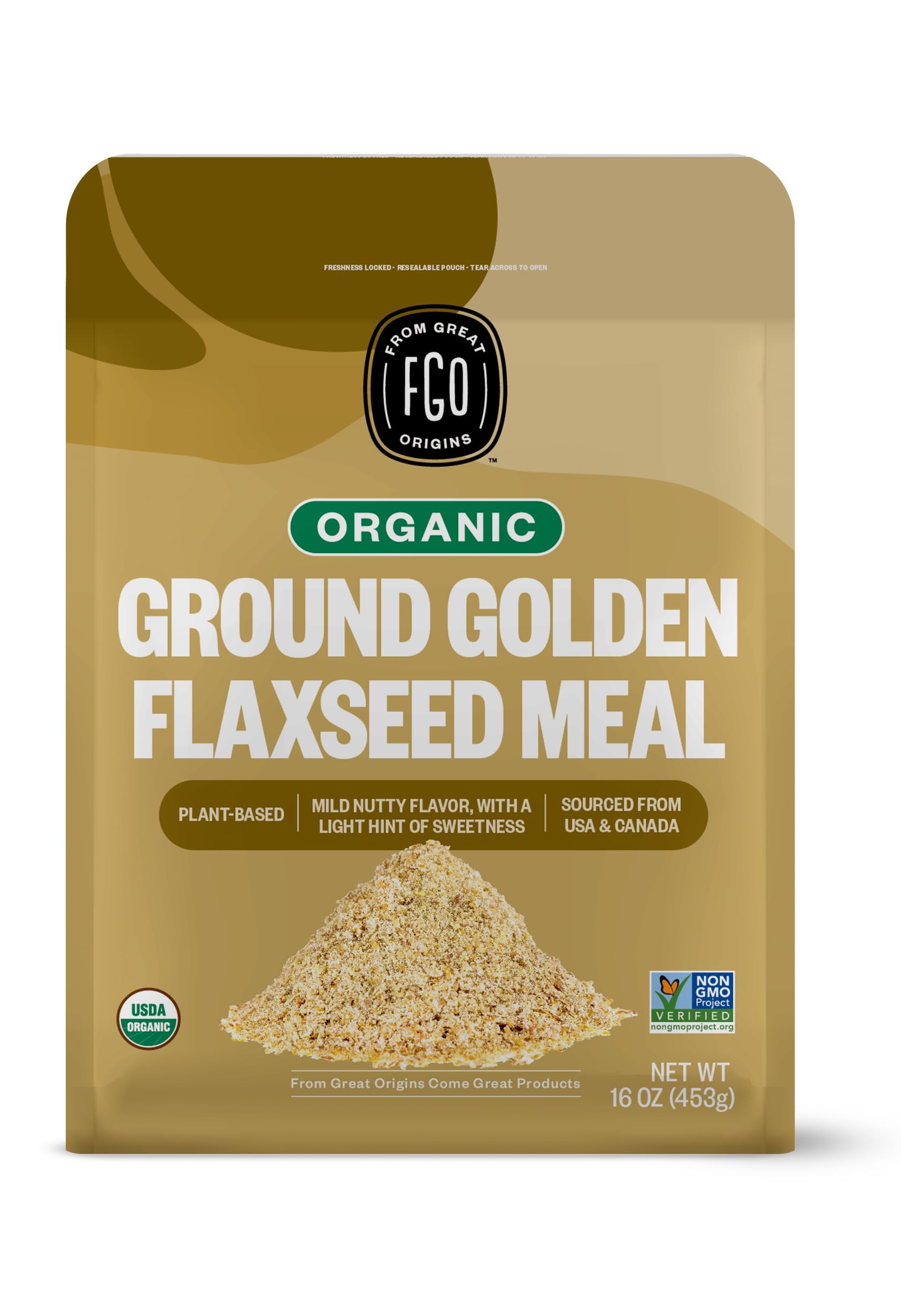 FGO Organic Ground Golden Flaxseed Meal, Cold Milled, Grown in USA, 16oz, Packaging May Vary (Pack of 1)