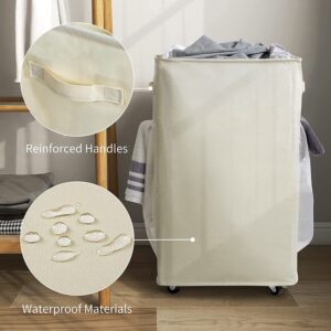 Chrislley 90L Rolling Laundry Basket Large Laundry Hamper with Wheels Collapsible Clothes Hamper Rolling Tall Laundry Storage Cart Foldable Clothes Organizer (Beige)