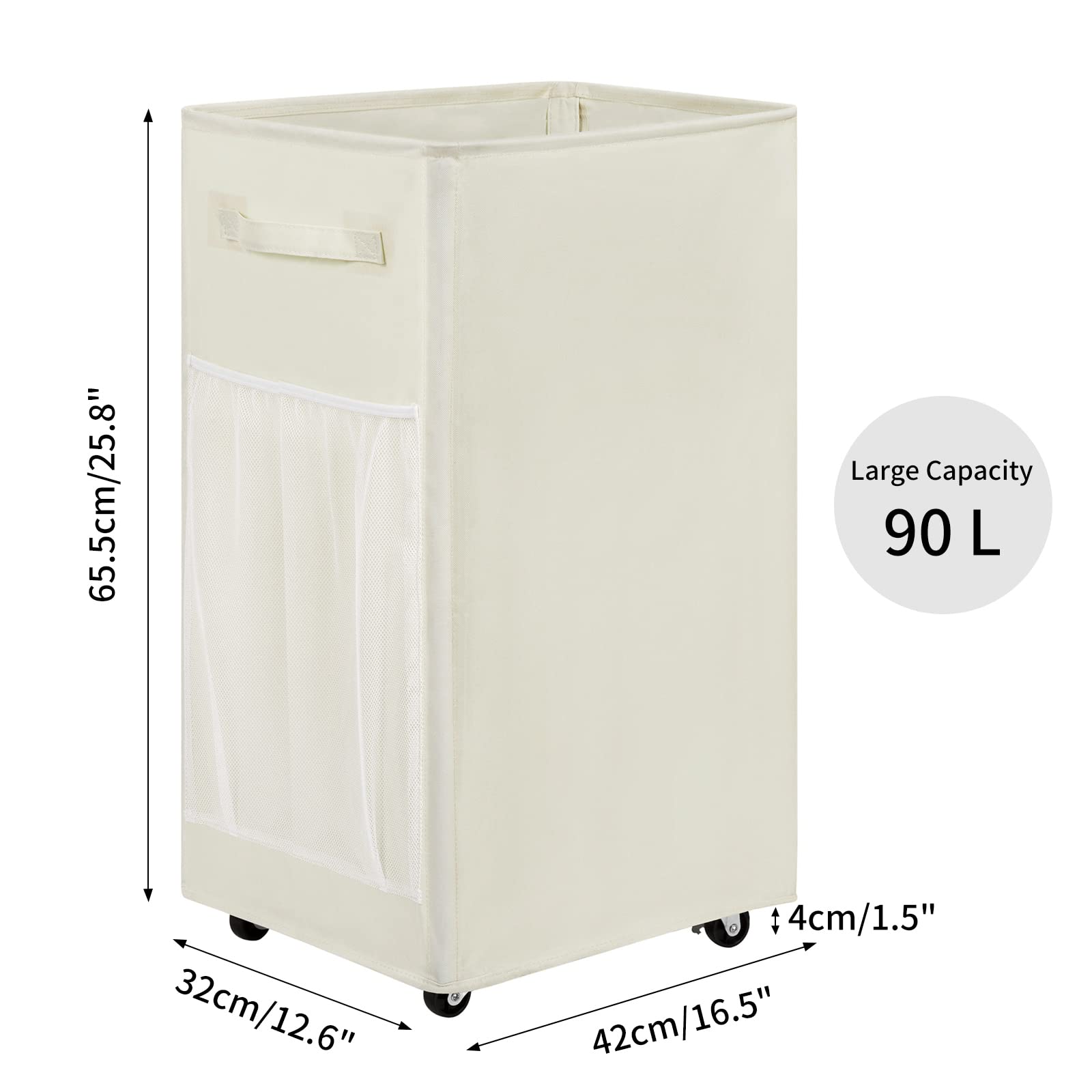 Chrislley 90L Rolling Laundry Basket Large Laundry Hamper with Wheels Collapsible Clothes Hamper Rolling Tall Laundry Storage Cart Foldable Clothes Organizer (Beige)