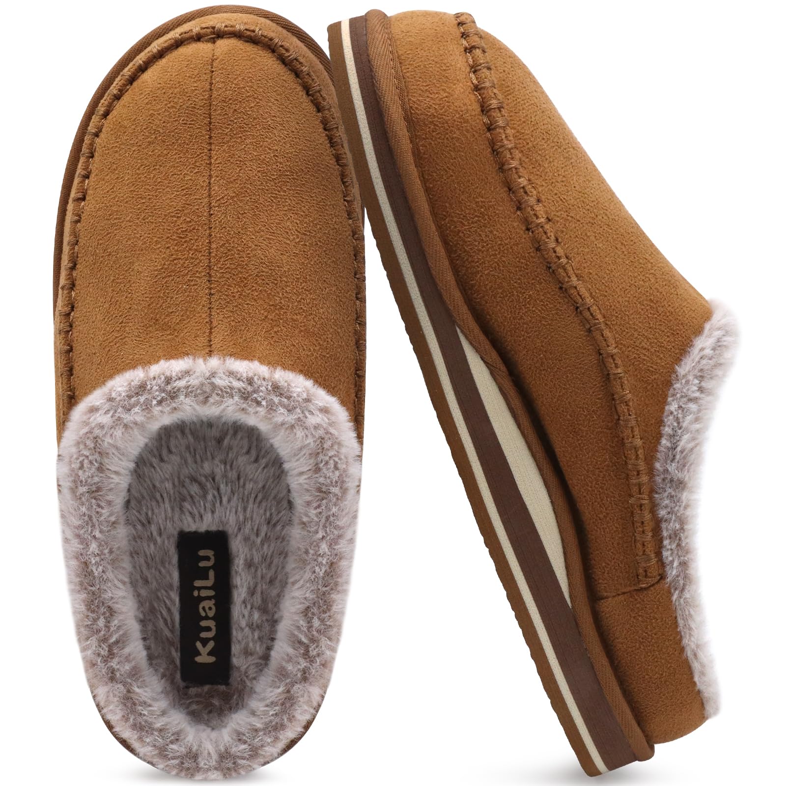 KuaiLu Mens Momery Foam Clog Slippers Comfy Handmade Stitch Microsuede Slip-on House Shoes With Arch Support Warm Faux Fur Lined Rubber Sole Indoor Outdoor Khaki Size 10