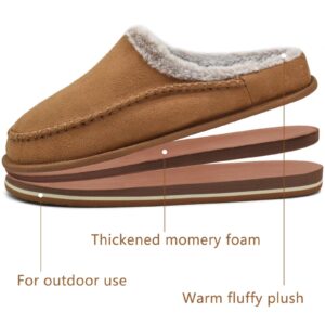 KuaiLu Mens Momery Foam Clog Slippers Comfy Handmade Stitch Microsuede Slip-on House Shoes With Arch Support Warm Faux Fur Lined Rubber Sole Indoor Outdoor Khaki Size 10