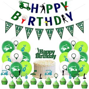 45pcs golf birthday party supplies with happy birthday banner, golf themed cake topper and cupcake toppers, 12-inch latex balloons with golfing patterns and golf pennant for golf themed party decorations