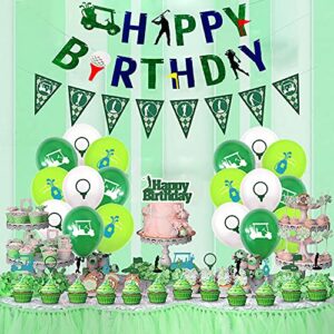 45PCS Golf Birthday Party Supplies with Happy Birthday Banner, Golf Themed Cake Topper and Cupcake Toppers, 12-inch Latex Balloons with Golfing Patterns and Golf Pennant for Golf Themed Party Decorations