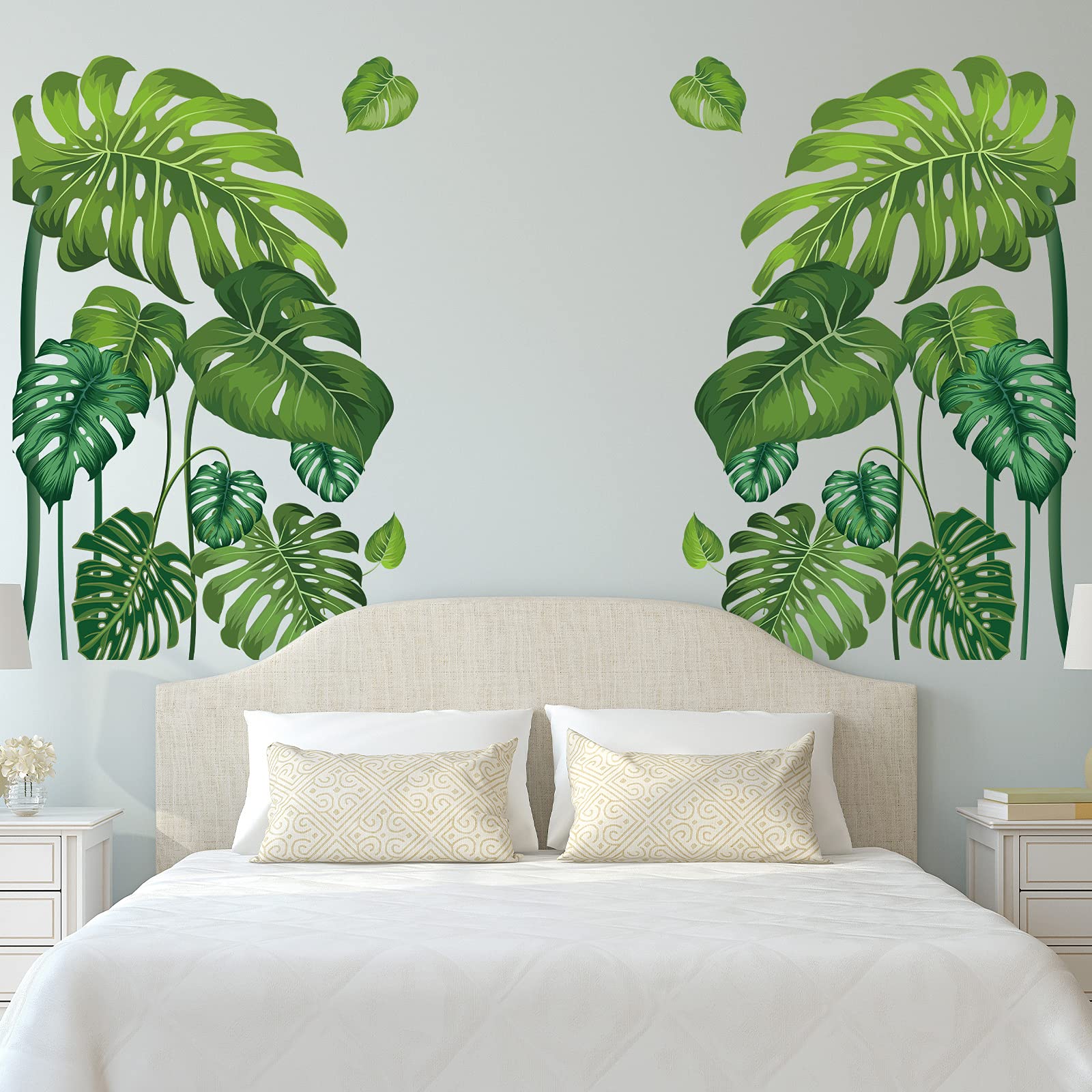 Large Green Tropical Jungle Leaves Wall Decals Palm Tree Leaf Plants Wall Stickers DIY Peel and Stick Removable Monstera murals Leaf Window Stickers for Kids Bedroom Nursery Living Room Decoration