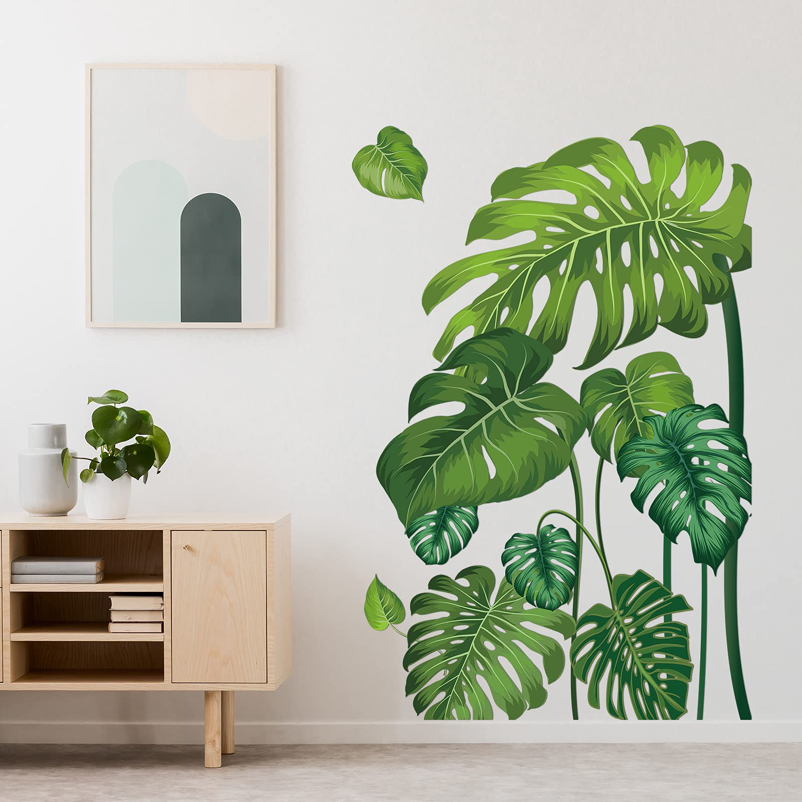 Large Green Tropical Jungle Leaves Wall Decals Palm Tree Leaf Plants Wall Stickers DIY Peel and Stick Removable Monstera murals Leaf Window Stickers for Kids Bedroom Nursery Living Room Decoration